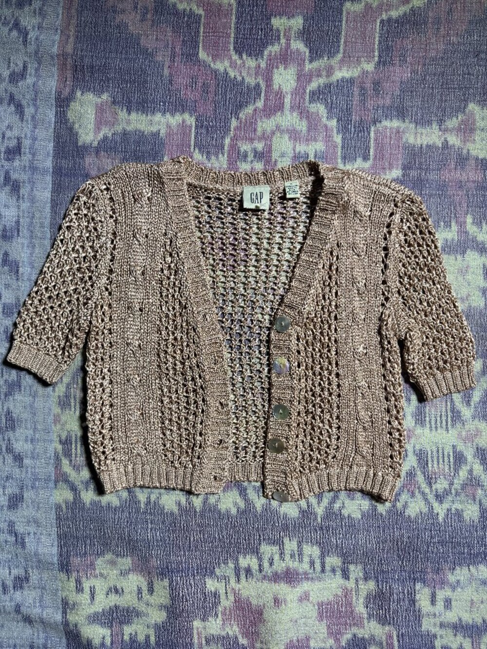 Vintage GAP Women Crochet Open Knit Short Sleeve Crop Cardigan Metallic Beige S - Picture 4 of 12